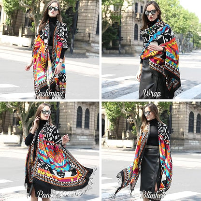 DANA XU 100% Merino Wool Pashmina Shawl for Women 96"x43", Oversized Cashmere Wrap with Tassels, Floral Travel Blanket Cape