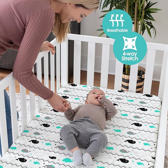 Pack n Play Sheets, BROLEX 2 Pack Mini Crib Sheets,Stretchy Portable Fitted Playard Sheet Set, Convertible Playard Mattress Cover,Ultra Soft Breathable Material,Elephant Whale