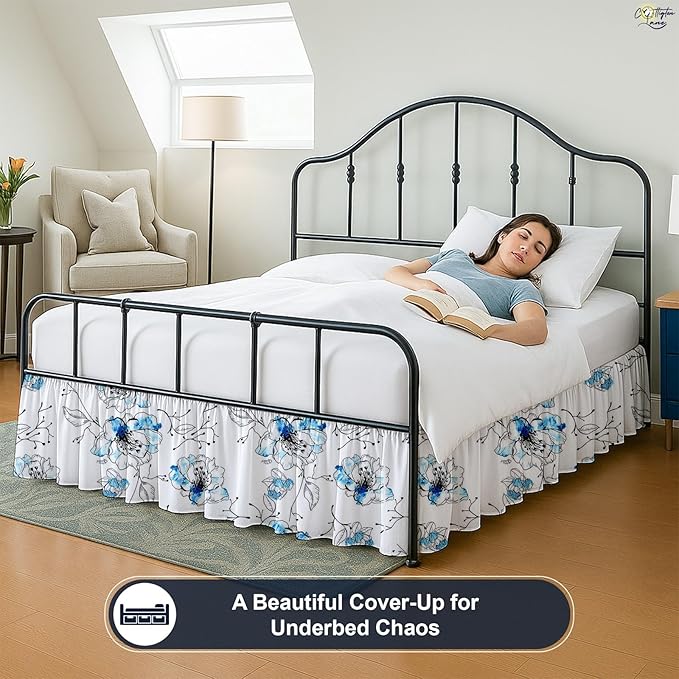 Cottington Lane Ruffled Bed Skirt Queen Size with Split Corner, Brushed Microfiber Hotel Quality Dust Ruffle, 14 Inch Drop Gathered Bedskirt, Soft, Stylish, Shrink & Fade Resistant, Blue Blossom