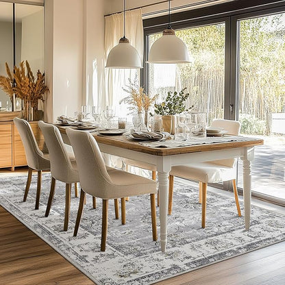 jinchan Fiora 6x9 Area Rug for Living Room Washable Soft Throw Rug Ultra-Thin Stain Resistant Non-Slip Distressed Vintage Floral Large Carpet for Bedroom Dining Room Home Office Nursery(6x9ft, Grey)
