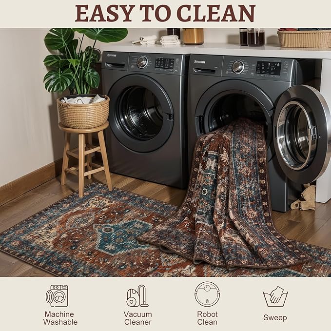 Tangsoo 6x9 Area Rug Washable Rugs for Living Room, Oriental Indoor Non Slip Large Area Rugs, Vintage Print Carpet, Soft Low Pile Foldable Floor Rug for Bedroom Dining Room Dorm