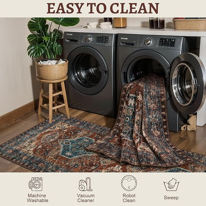 Tangsoo 2x5 Washable Runner Rug for Hallways, Non Slip Vintage Runner Rug, Soft Low Pile Long Rug Runner, Print Distressed Carpet Runners for Kitchen Bedroom Entryway Bathroom Living Room Rust
