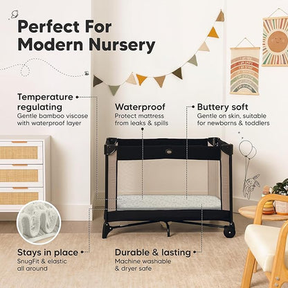 2-Pack Waterproof Pack and Play Sheets, Mini Crib Sheets Fitted for Boy, Girl - 38 x 26 Viscose from Bamboo Pack N Play Mattress Sheets for Graco, Toddler Playard Baby Crib Sheets Neutral(Pine Grove)