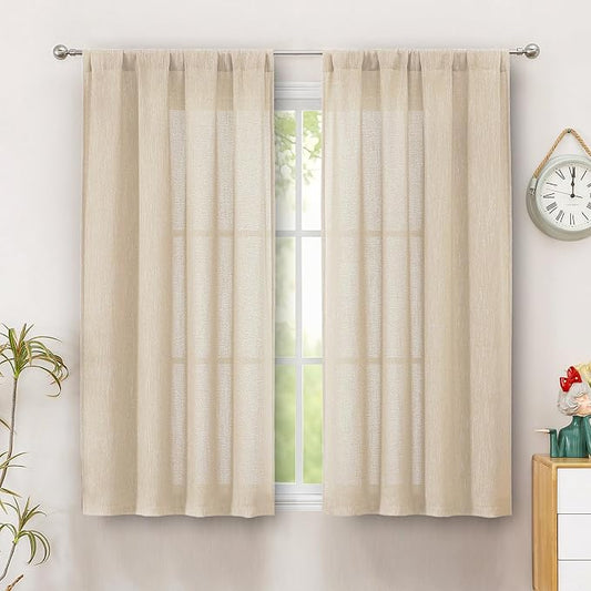 Simplebrand Natural Semi Sheer Faux Linen Textured Curtains 54 Inch Length 2 Panels Set, Rod Pocket Farmhouse Short Curtain Drapes for Dinning Small Windows Bathroom Bedroom, Each 40Wx54L in, Natural