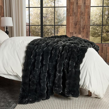 Lotus Karen Queen Size Faux Fur Blanket - Big Bubble Rabbit Fluff, 90x90 Inches