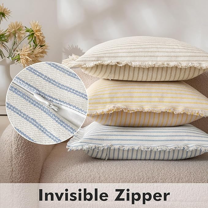 MIULEE Pack of 2 Light Blue Pillow Covers 22x22 Inch Striped Farmhouse Couch Spring Throw Pillow Covers with Fringe Chic Cotton Decorative Cushion Covers for Sofa Living Room Bed Outdoor Home Decor