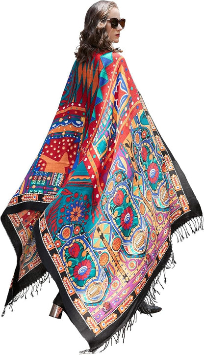 DANA XU 100% Merino Wool Extra Large Pashmina Blanket Travel Scarf Cashmere Wrap for Women Fall Winter Oversize Shawl Floral