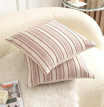 Decorative Boho Throw Pillow Covers, Farmhouse Textured Pillow Case, 18 x 18 Inch Set of 2, Chair Sofa Bedroom Living Room Home Decor Couch Cushion Case, Rust and Beige Striped