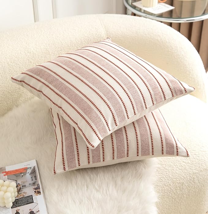 Decorative Boho Throw Pillow Covers, Farmhouse Textured Pillow Case, 20 x 20 Inch Set of 2, Chair Sofa Bedroom Living Room Home Decor Couch Cushion Case, Rust and Beige Striped