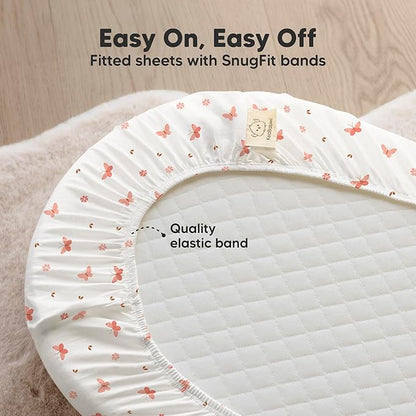 2-Pack Organic Bassinet Sheets for Girls, Boys - 100% Cotton Bassinet Mattress Sheets Compatible with Halo Bassinest Swivel Sleeper, Graco, Baby Delight, Chicco, Fitted Bassinet Sheets (Butterflies)