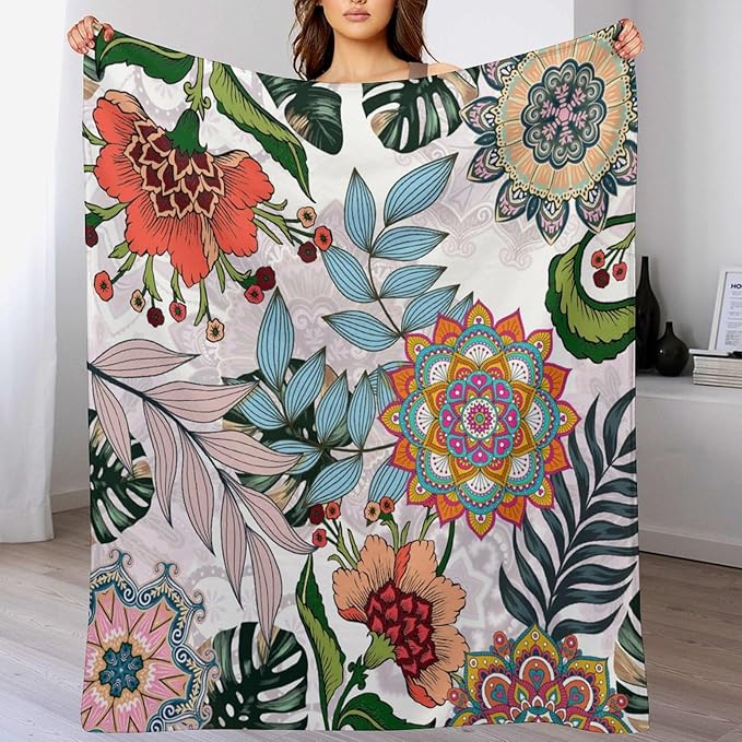 Boho Flowers Blanket for Women Girls, Rustic Bohemian Mandala Palm Leaves Plants Botanical Print Blanket for Bedroom Living Room Couch Sofa, 60"x80"