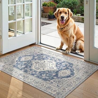 Lahome Oriental Washable Small Area Rug, 2x3 Rugs for Entryway Kitchen, Ultra-Thin Soft Indoor Door Mat Non Slip Throw Carpet for Bedroom Bathroom, Blue