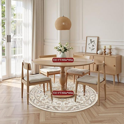 5ft Round Vintage Living Room Area Rug - 5x5 Large Soft Washable Oriental Traditional Distressed Farmhouse Rugs for Bedroom - Indoor Floor Accent Carpet for Home Office House Decor - Golden Taupe