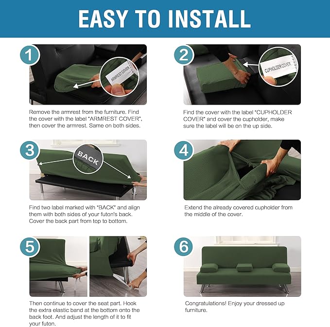 H.VERSAILTEX 4 Pieces Stretch Futon Covers Sofa Bed Slipcover with Removable Armrests and Cupholders Covers Furniture Protector High Spandex Small Checks Jacquard Fabric, Bronze Green