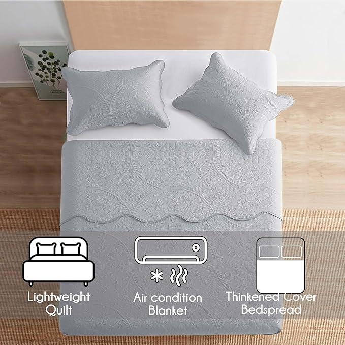 IR Imperial Rooms Twin Quilt Bedding Set Size (68” x 86”) + 1 Pillow Shams (20” x 26” + 2”) - 2 Pcs All Season Lightweight Reversible Microfiber Coverlet Floral Embossed Quilt Bedspread (Silver)