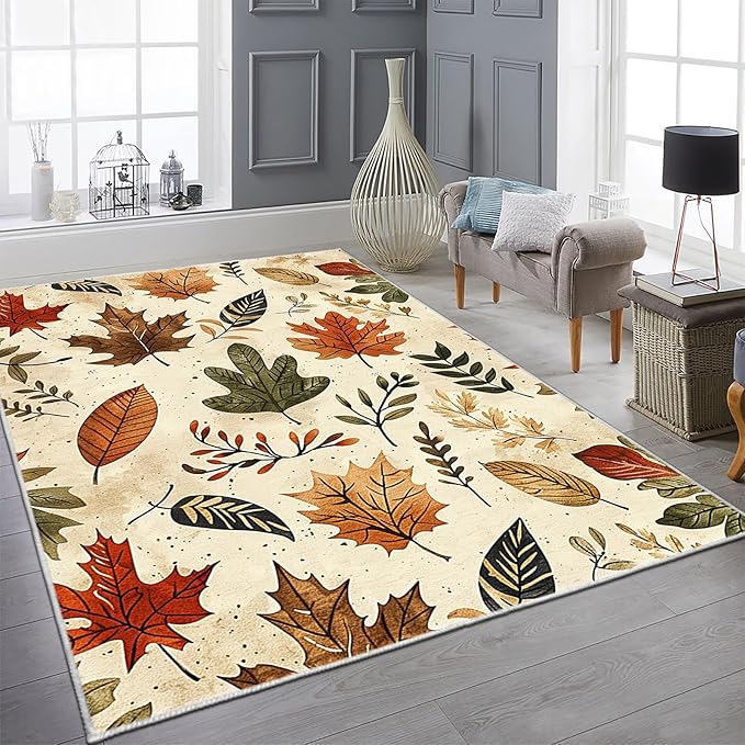 9CH Fall Leaves Area Rug 7' X 5' Brown Cute Botanical Soft Faux Wool Carpet Non-Slip Easy-Cleaning Boho Rugs for Living Room, Bedroom, Kitchen