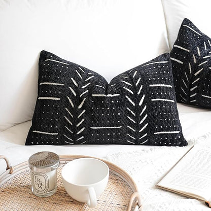 BlissBlush Black Decorative Lumbar Throw Pillow Covers 12X20, Set of 2, Boho Farmhouse Cushion Cover, Soft Accent Pillowcase for Couch Sofa Bed Living Room Home Décor