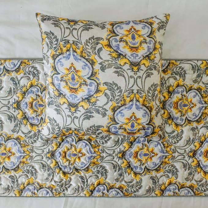 The HomeCentric King/Queen/Twin Grey Decorative Queen 74"x18" Bed Runner Without Pillow Cover, Quilted, Damask & Tassels Bed Scarf on Jacquard Fabric - Damask Blaze