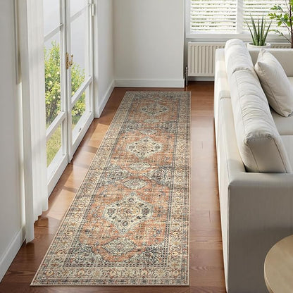 Lahome Oriental Hallway Runner Rug, 2.5x8 Kitchen Runner Non Slip Ultra-Thin, Soft Washable Hallway Rug Distressed Non Shedding Long Carpet for Entryway ‎Laundry Room Bathroom, Peach/Orange