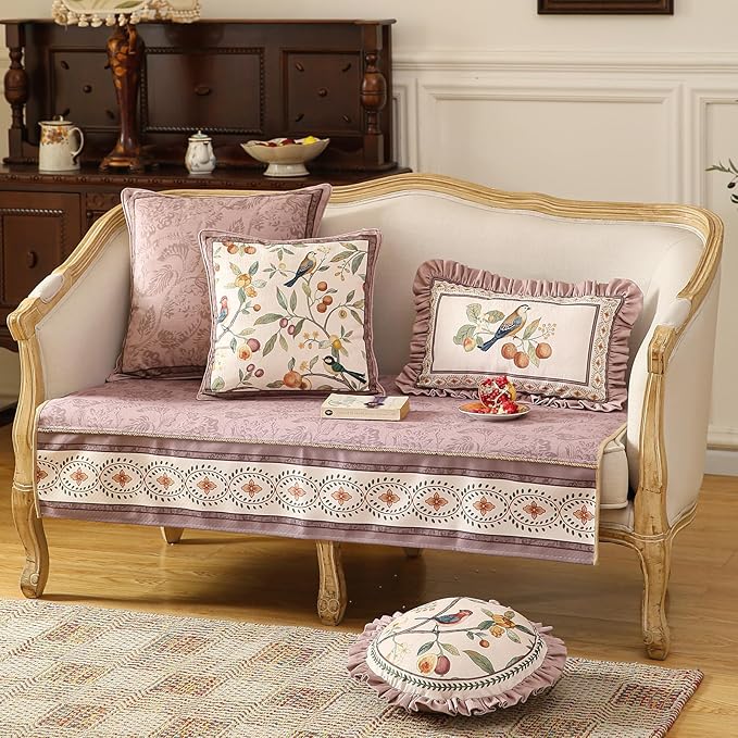 Round Pink Farmhouse Throw Pillow Covers Pack of 2,Birds and Flowers Pattern Cozy Velvet Pillowcases,Decoration Pillows Cushion Covers for Couch Sofa Bed Car Chair,Diameter 16"