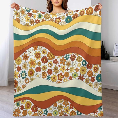 70s Retro Floral Throw Blanket, Boho Groovy Wavy Geometric Hippie Cute Flowers Yellow Orange Abstract Print Blanket for Holiday Theme Home Decor Bedding Couch and Gift 40"x50"