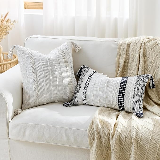 Boho Pillow Cover 18x18 Beige - Handmade Woven Textured Throw Pillow Case with Cordings & Tassels, Decorative Accent for Couch Sofa Farmhouse Living Room Home Decor