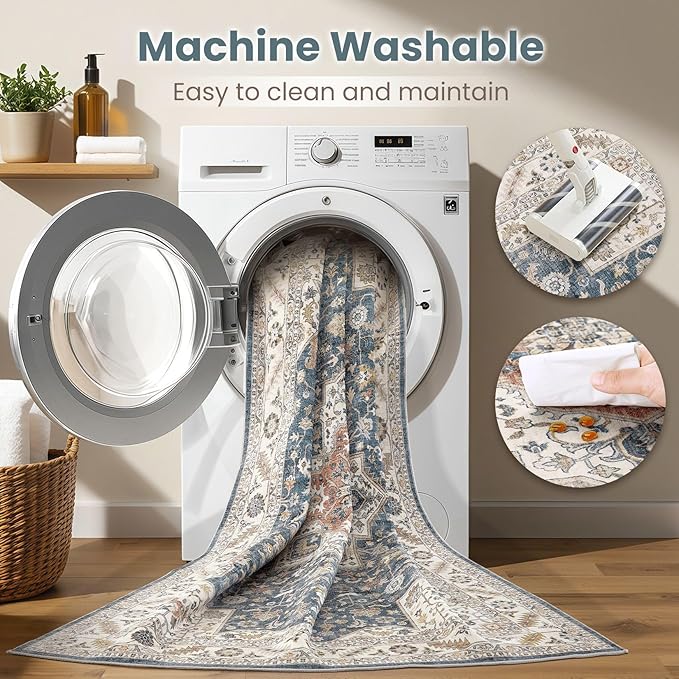 Vintage Entryway Area Rug 2x3 - Large Soft Washable Oriental Traditional Distressed Farmhouse Rugs for Bedroom - Indoor Floor Accent Carpet for Home Office House Decor - Blue