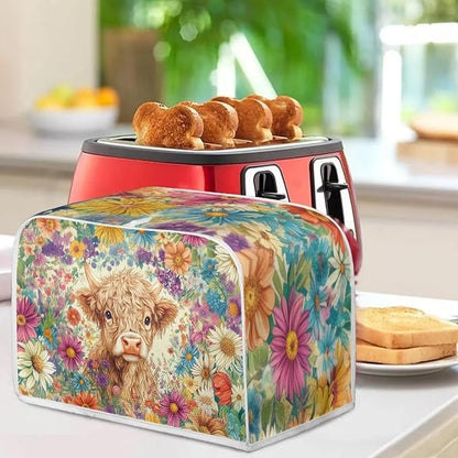 ZFRXIGN Flower Highland Cow Toaster Covers 4 Slice Toaster Dust Cover Hippie Toaster Bag Kitchen Appliance Covers Toaster Oven Dustproof Cover Washable Western Cattle Toaster Cover