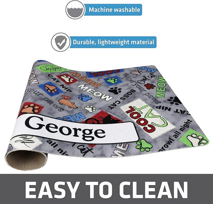 Drymate Personalized Pet Bowl Placemat, Custom Dog & Cat Food Feeding Mat - Absorbent Fabric, Waterproof Backing - Machine Washable/Durable (USA Made) (12" x 20") (Cool Cat - Grey)