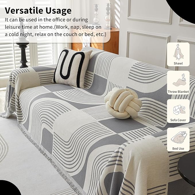 Boho Couch Cover Sofa Covers Washable, Chenille Couch Covers for 3 Cushion Couch Sofa Pet Friendly, Bohemian Sofa Slipcovers for Sectional Sofa, Loveseat, 2 3 4 Seater (71" x 150", Grey)