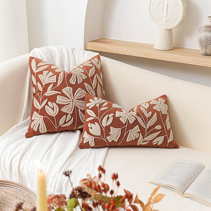 BlissBlush Fall Throw Pillow Cover 20x20, Rust Brick Red Soft Velvet Floral Decorative Accent Throw Pillowcase, Tufted Farmhouse Pillowcase for Couch Sofa Living Room Home Décor