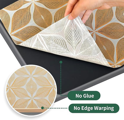 3D Drawer and Shelf Liner for Kitchen Cabinet: 12 in X 30 Ft Waterproof Shelf Paper Non Adhesive Refrigerator Liners Golden Leaf Easy Liners for Bathroom with Knife Tape Measure