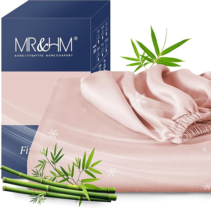 MR&HM King Fitted Sheet Only, Ultra-Soft Rayon Derived from Bamboo & Polyester Blend, Silky & Breathable, 15" Deep Pocket with Elastic Straps, Cooling Fitted Sheet for Hot Sleepers, Pink