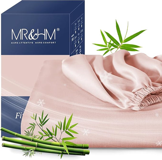 MR&HM King Fitted Sheet Only, Ultra-Soft Rayon Derived from Bamboo & Polyester Blend, Silky & Breathable, 15" Deep Pocket with Elastic Straps, Cooling Fitted Sheet for Hot Sleepers, Pink