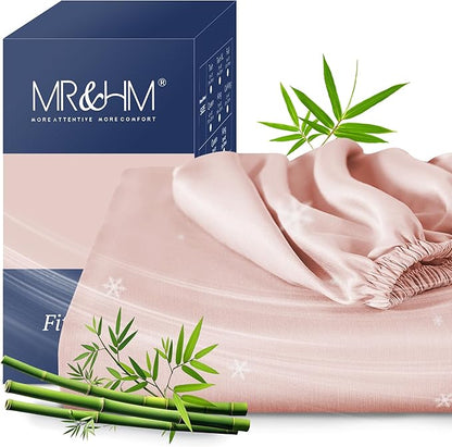 MR&HM Queen Fitted Sheet Only, Ultra-Soft Rayon Derived from Bamboo & Polyester Blend, Silky & Breathable, 15" Deep Pocket with Elastic Straps, Cooling Fitted Sheet for Hot Sleepers, Pink