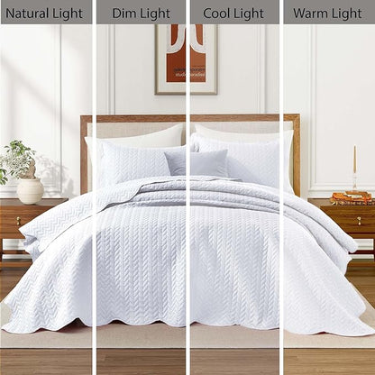 IR Imperial Rooms California King Quilt Bedding Set Size (118"x106") + 2 Pillow Shams (20" x 36"+ 2") - 3 Pcs All Season Reversible Microfiber Coverlet Embossed Quilt Bedspread (White)
