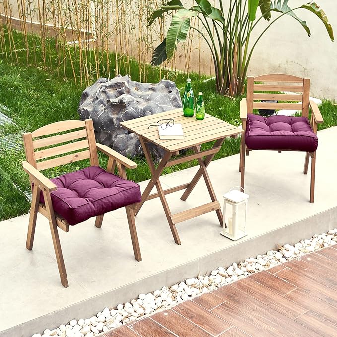 ARTPLAN Outdoor Seat Cushion,Square Thick Tufted Pure Chair Cushion for Patio Wicker Chair with Tie,Set of 2,19"x19"x5"，Plum