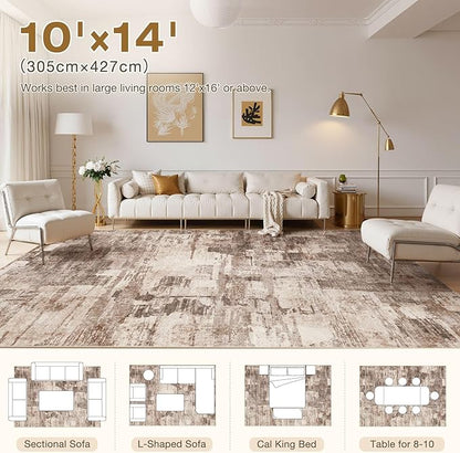 Abstract Living Room Rug 10x14 - Modern Washable Soft Thin Area Rug for Living Room Bedroom Under Dining Table - Neutral Indoor Floor Rug Carpets for Home Office Playroom Nursery - Brown