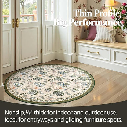 jinchan Elora 4ft Floral Round Rug for Entryway Washable Rug Vintage Romance Christmas Design Non Slip Indoor Doormat Lightweight Low-Profile Throw Carpet for Living Room Dining Room, Green/Beige