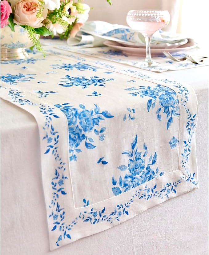Solino Home Blue Floral Print Table Runner 60 inch - 100% Pure Linen Table Runner 14 x 60 Inch - Handcrafted and Machine Washable - Jolie Fleur Print