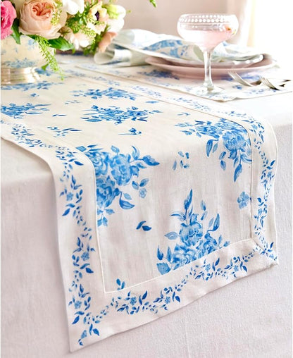 Solino Home Blue Floral Print Table Runner 36 inch - 100% Pure Linen Table Runner 14 x 36 Inch - Handcrafted and Machine Washable - Jolie Fleur Print