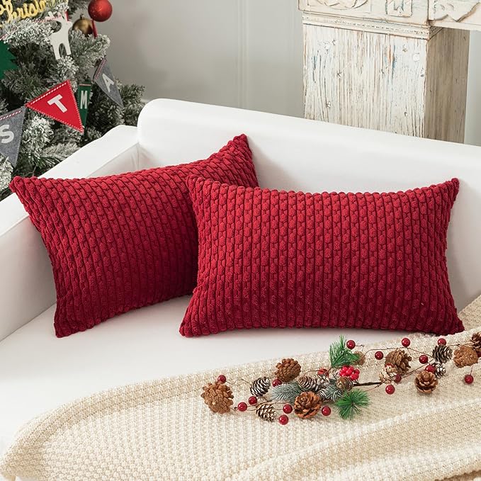Kevin Textile 12x24 Inch Pillow Cover 1 Pack Boho Christmas Decorative Soft Striped Corduroy Lumbar Farmhouse Color Accent Rectangle Cushion Case for Living Room Couch Sofa Bed, Burgundy
