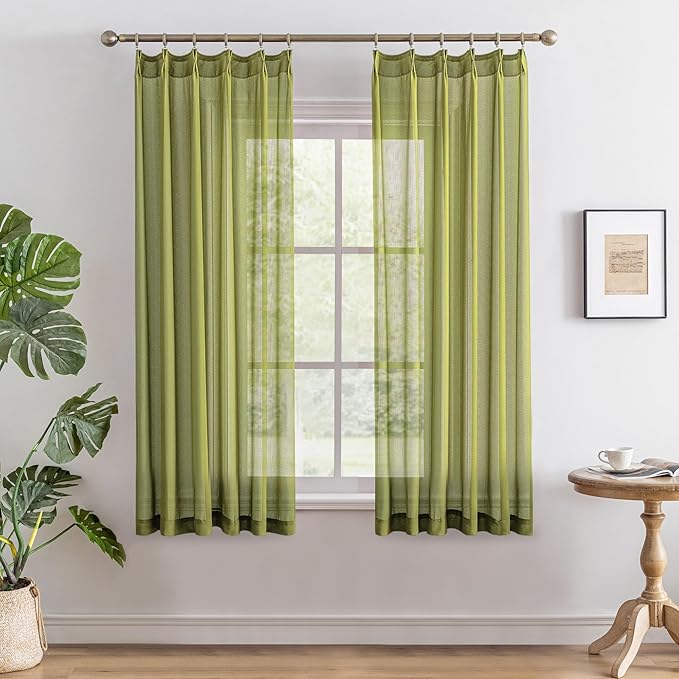 MAIHER Sage Sheer Pinch Pleat Curtains 63 Inch Length for Bedroom Soft Touch Lightweight Light Filtering Short Pleated Drapes with Ajustable Hooks, Sage Green, 42" W x 63" L, 2 Panels