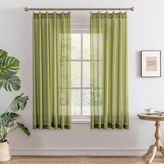 MAIHER Sage Sheer Pinch Pleat Curtains 63 Inch Length for Bedroom Soft Touch Lightweight Light Filtering Short Pleated Drapes with Ajustable Hooks, Sage Green, 42" W x 63" L, 2 Panels
