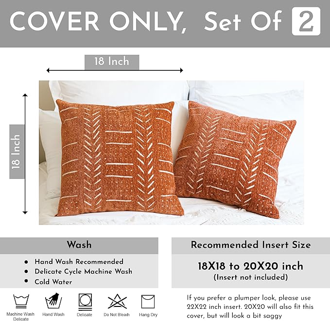 BlissBlush Fall Brick Red Decorative Throw Pillow Covers 18X18, Set of 2, Boho Farmhouse Cushion Cover, Cozy Soft Accent Pillowcase for Couch Sofa Bed Living Room Home Décor