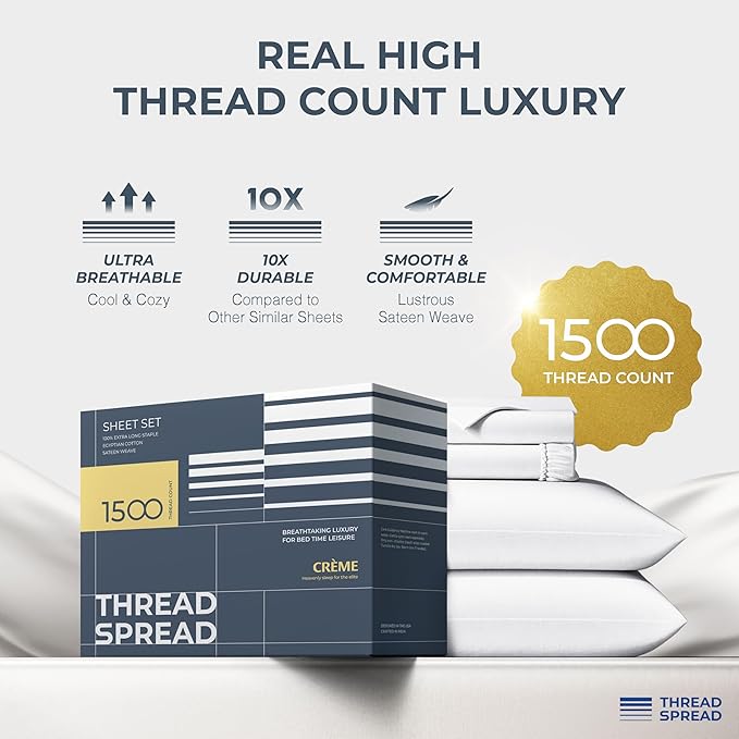 THREAD SPREAD 100% Egyptian Cotton Sheets Queen Size - 1500 Thread Count 4 PC Queen Sheet Set Egyptian Cotton, Sateen Weave Luxury Sheets Queen Size, High Thread Count Sheets, 17" Deep Pocket - White
