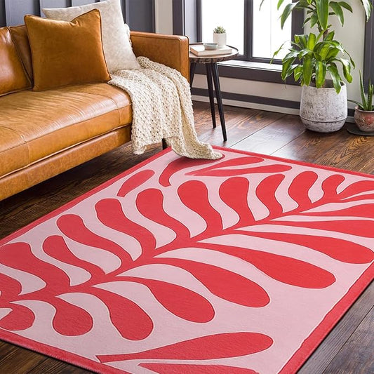 9CH Abstract Matisse Leaf Area Rug 7' X 5 Pink Retro Botanical Faux Wool Rugs Non-Slip Boho Flowers Soft Floor Carpet for Kitchen Entryway Bedroom