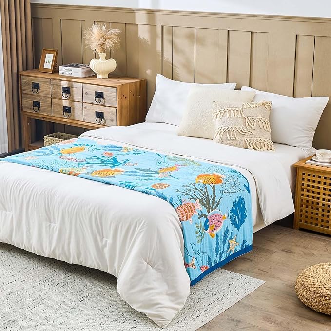 Blue Boho Blanket, 60"x80" Soft Farmhouse Decorative Throw Blanket, 100% Cotton Reversible Vintage Muslin Quilt Bohemian Decor Woven Blanket All Season Blankets for Sofa Couch Chair