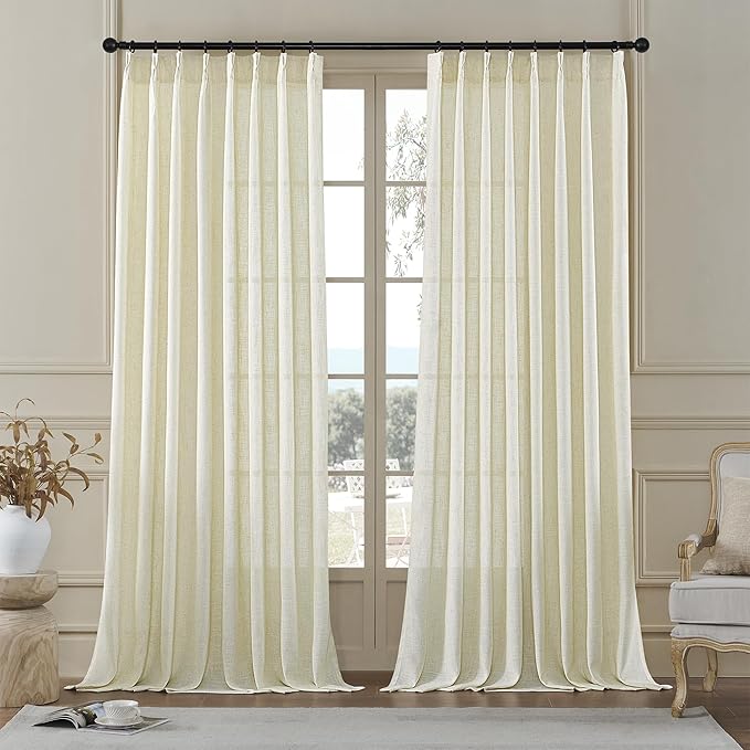 MASWOND Natural Pinch Pleated 96 Inch Curtains 2 Panels for Living Room Semi Sheer Linen Curtains Pinch Pleat Drapes for Bedroom Pinch Pleat Drapes with Hooks 50" Wx96 L