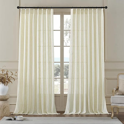 MASWOND Natural Pinch Pleated 96 Inch Curtains 2 Panels for Living Room Semi Sheer Linen Curtains Pinch Pleat Drapes for Bedroom Pinch Pleat Drapes with Hooks 50" Wx96 L
